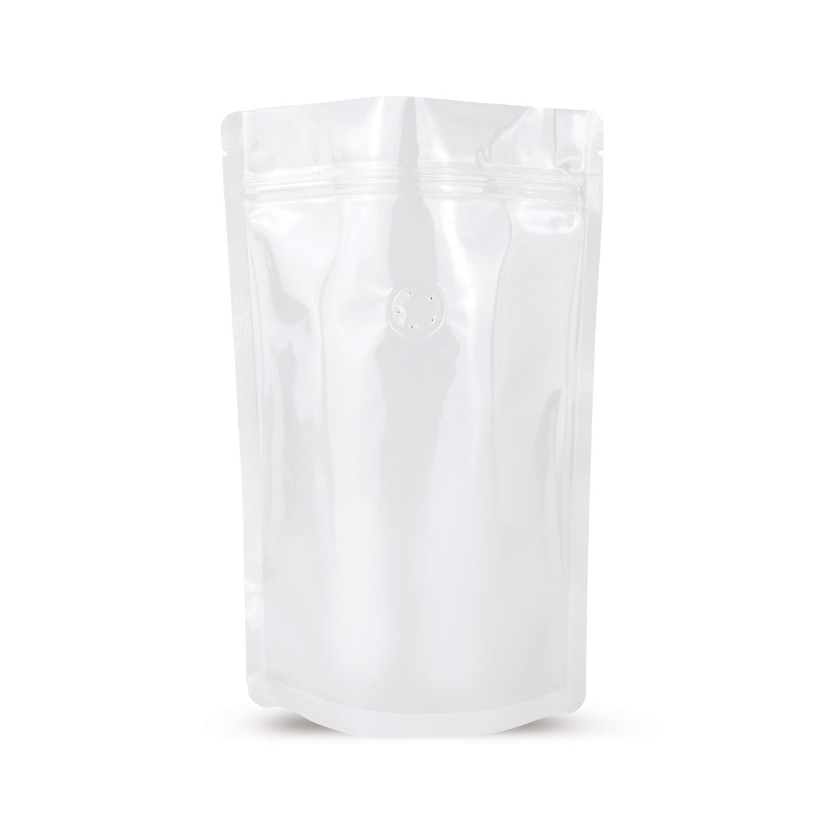 Sachet doypack blanc avec valve d'arôme — vue principale du sachet avec valve d'arôme d'Elke Plastic