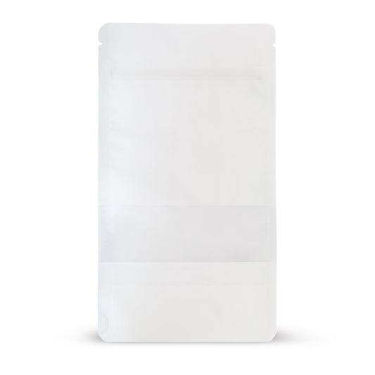 Stazakken kraftpapier met kijkvenster wit — Vooraanzicht van de zak met kijkvenster, kraftpapier-uitstraling van Elke Plastic